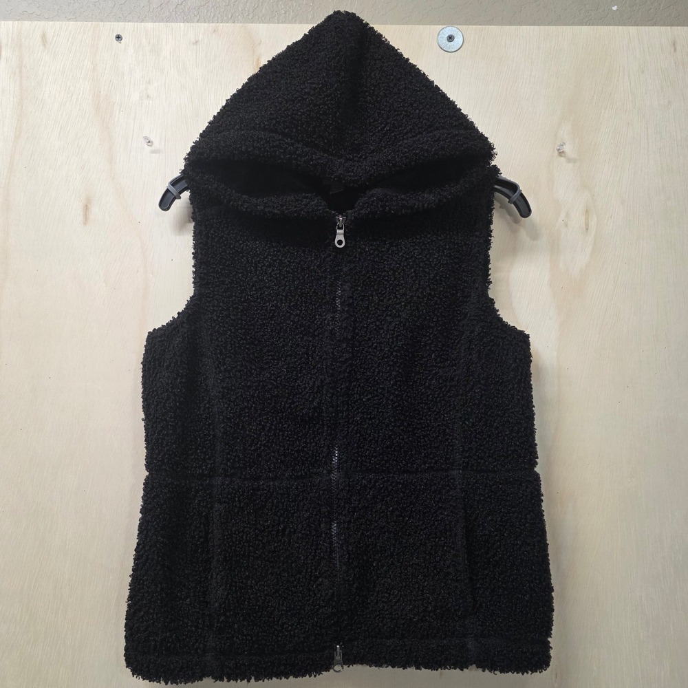 J. Jill Black Sherpa Fleece Hooded Zip Up Vest Pockets Size S